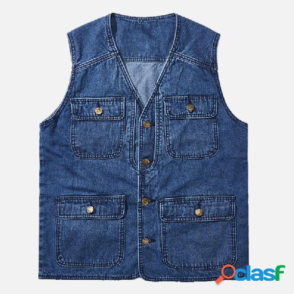 Mens Retro Denim Vest Casual Pesca Multi-bolsos Middle-aged