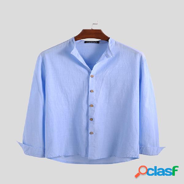 Mens Solid Color Round Collar Respirável Casual Manga