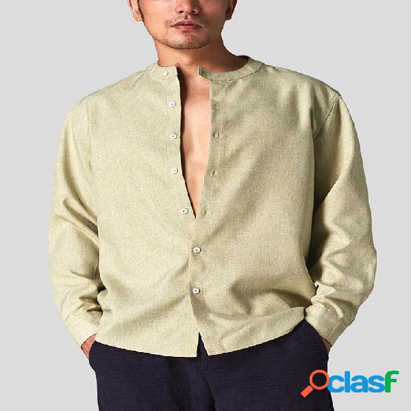 Mens Solid Color manga comprida Single-breasted Casual