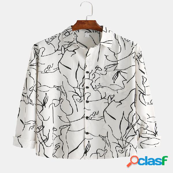 Mens Street Style Doodle Script impresso manga comprida