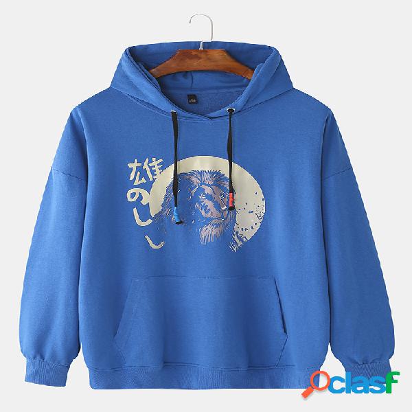 Mens Style Japanese Colorful Lion Print Big Pocket Hoodie