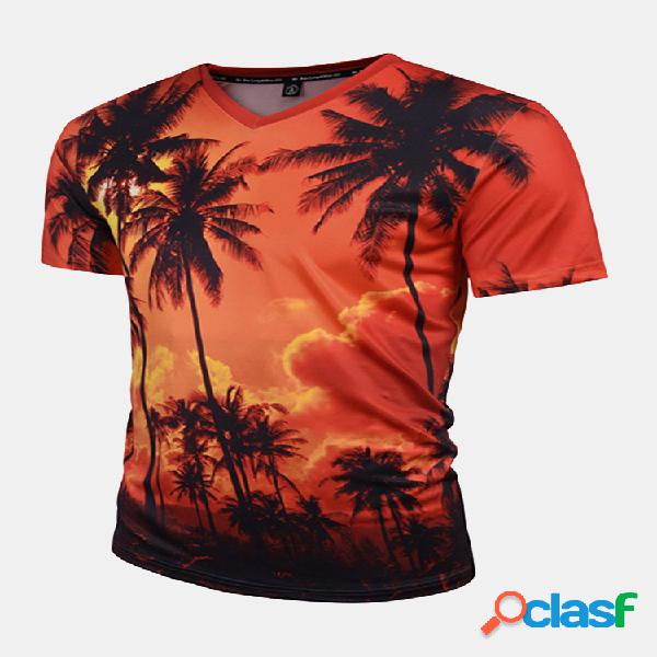 Mens Summer Creative 3D Dusk Coco Trees Printed V-neck Manga