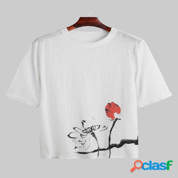 Mens Summer Elegant Flower Padrão Camiseta de manga curta