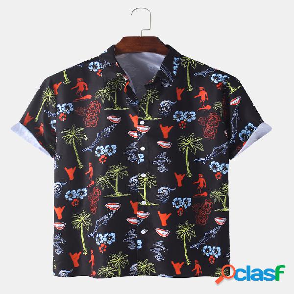 Mens Tropical Coco Trees Printed Praia Camisas de manga