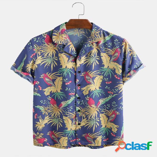 Mens Tropical Floral Forest Parrot Print Camisas de manga