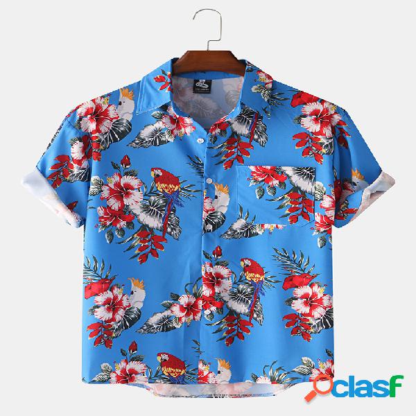 Mens Tropical Flower & Parrot Floral Impresso manga curta