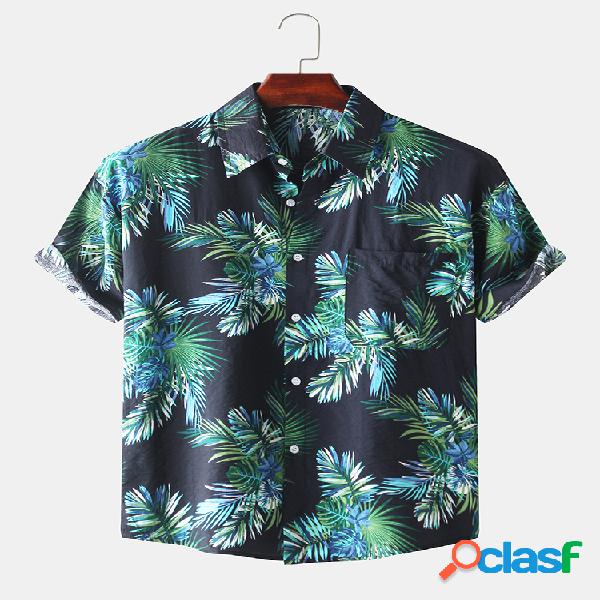 Mens Tropical Folha Impressão Casual Loose Lapel manga