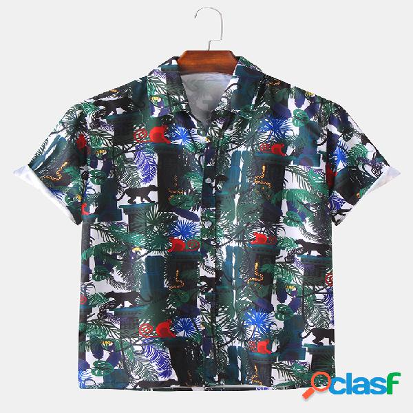 Mens Tropical Planta & Animal Printed Holiday Manga curta