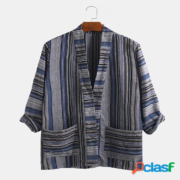 Mens Vintage Ethnic Strip Impresso Manga comprida Loose Fit