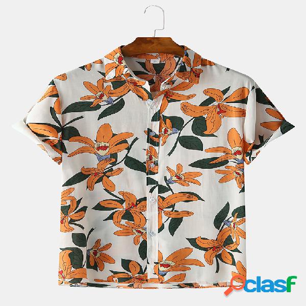 Mens Vintage Floral Óleo Printting Camisas casuais de manga