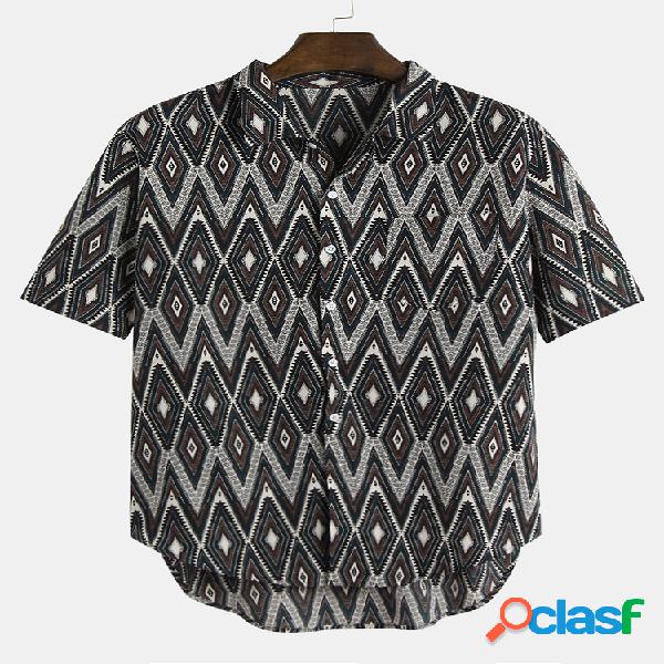 Mens Vintage Geometry Ethnic Impresso Turn Down Collar Manga