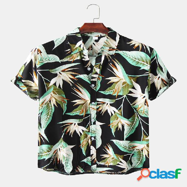 Mens Vintage Leaves Allover Print Turn Down Collar Camisas