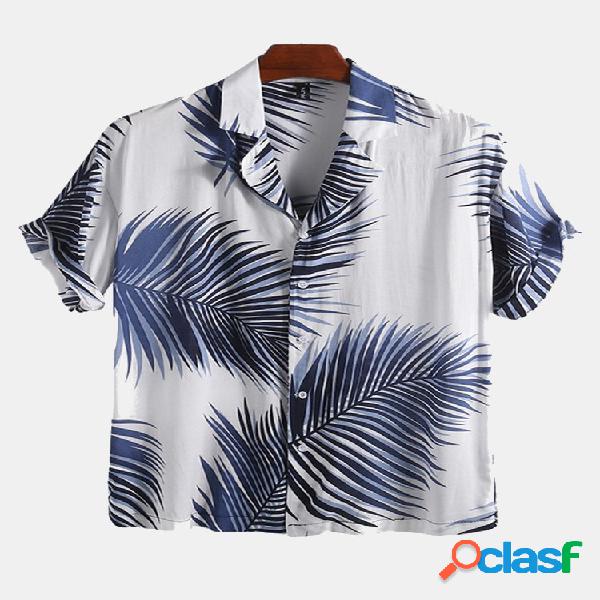 Mens Vocation Loose Hawaiian Palms Imprimir camisas de manga