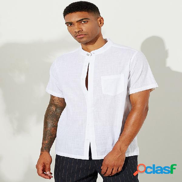 Mens algodão linho camisas de mangas curtas botão casual