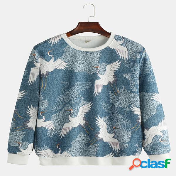 Mens chinês clássico guindaste flor impressa camisolas
