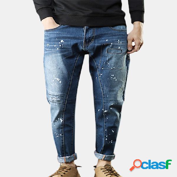 Mens de impressão azul furos Patch meados cintura lavada