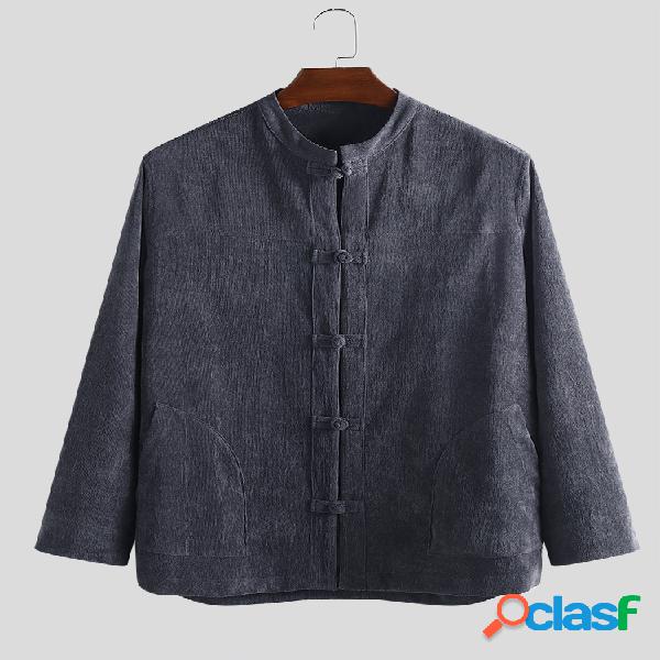 Mens estilo chinês veludo de algodão cor sólida bolsos