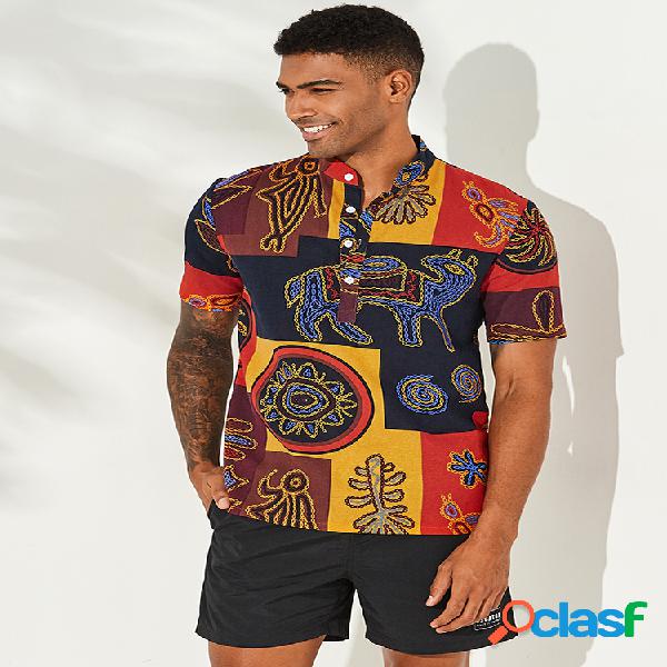 Mens estilo étnico multi-color cartoon impresso verão