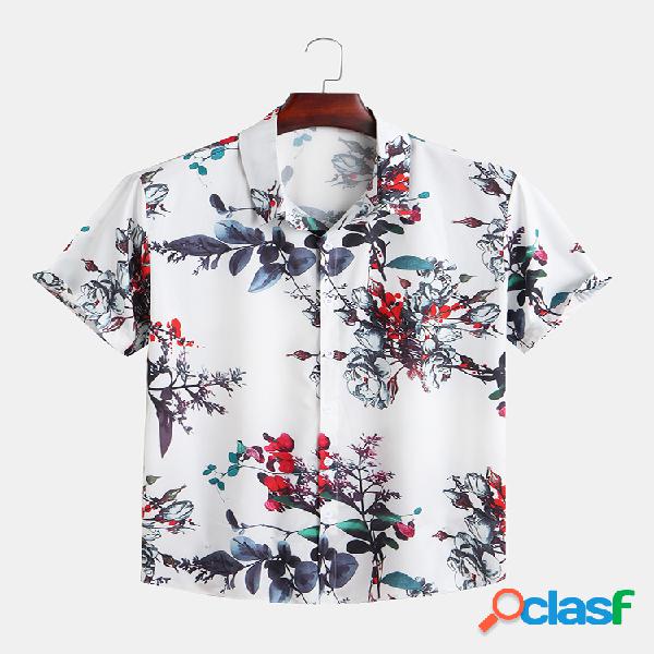 Mens graciosa flores impressão lapela de manga curta casual