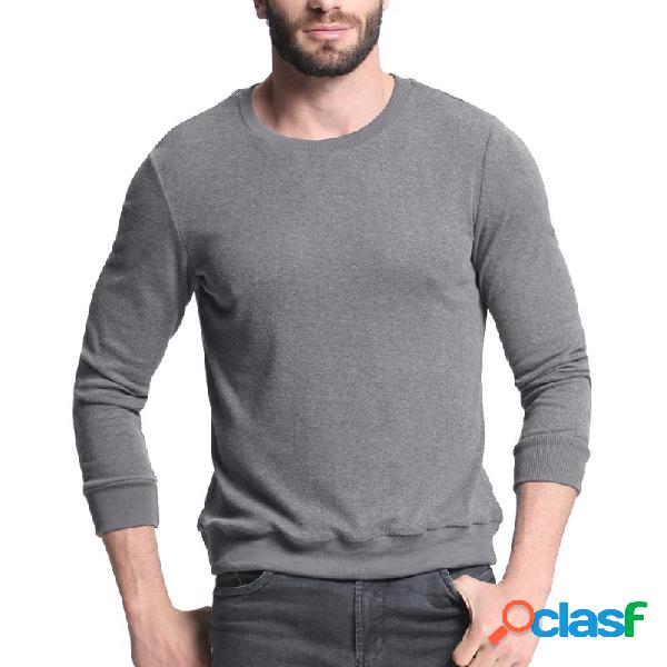 Mens malha cor sólida manga longa em torno do pescoço tops