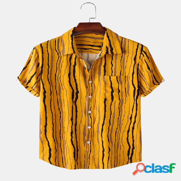 Mens ondulado listrado bolso impresso peito camisas de manga