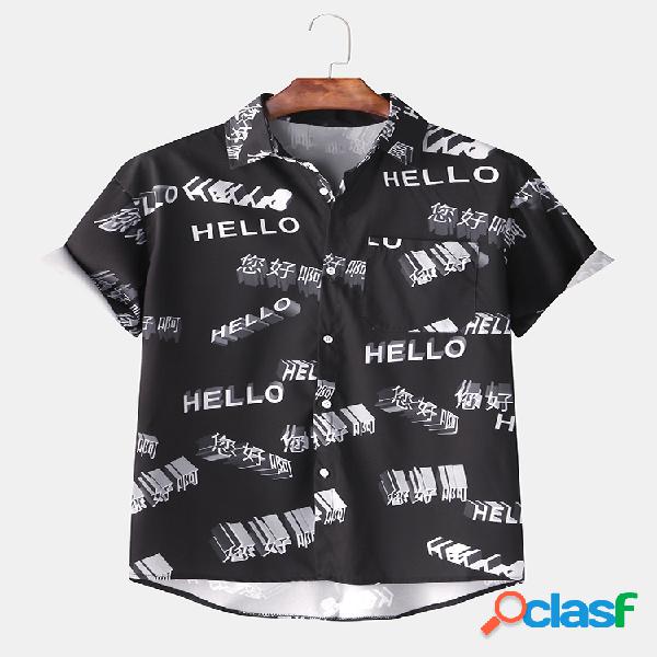 Mens slogan preto e branco Hello & Nihao impresso manga