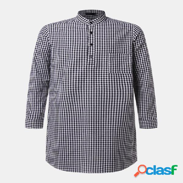 Mens xadrez manga comprida kaftan mid-long Henley camisas
