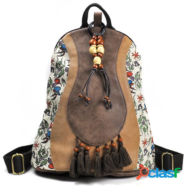 Mochila Feminina de Estilo Étnico de Couro PU de Borracha