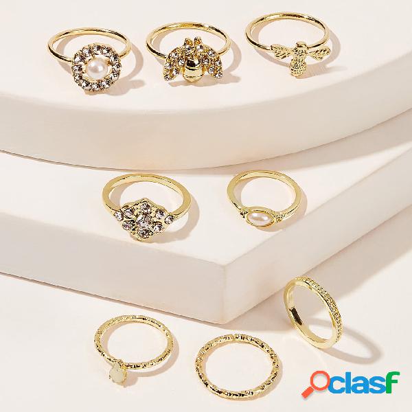 Moda 8 Pcs Anel Set Geométrica Pérola Anéis Strass Bee