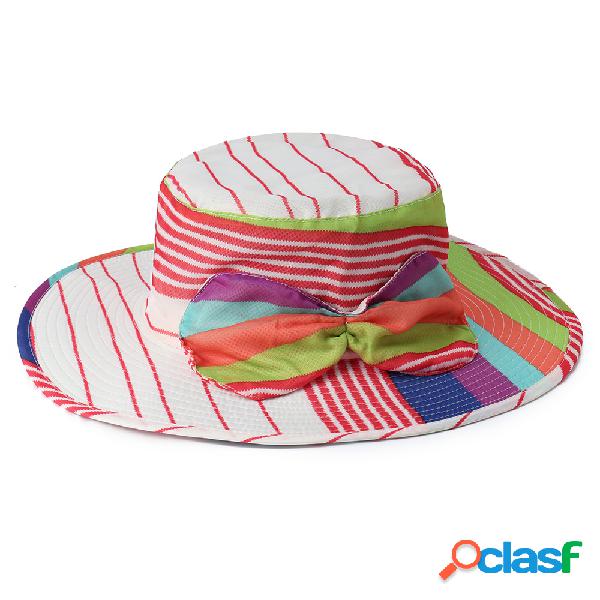 Mulheres Bow Stripe Protetor Solar Balde Chapéu Marrom Ao