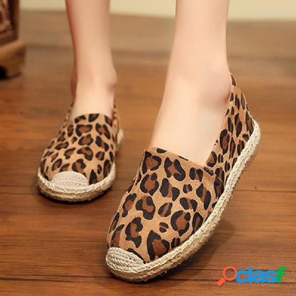 Mulheres Casual Leopardo Rodada Toe Slip On Espadrille Flats