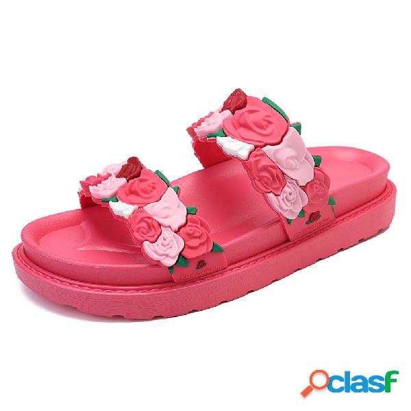 Mulheres Casual Praia 3D Rose Flores Chinelos Plataforma