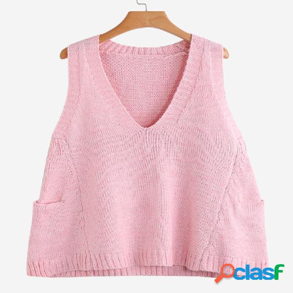 Mulheres Casual malha cor sólida com decote em v Loose