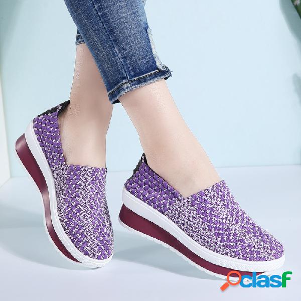 Mulheres Casual respirável trançado Plataforma Slip On