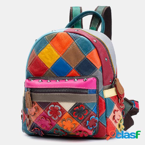 Mulheres Couro Genuíno Patchwork Rivet Backpack