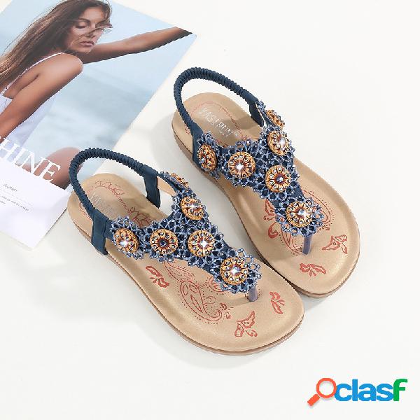 Mulheres Flores Rhinestone Decor Elastic Banda Sandálias