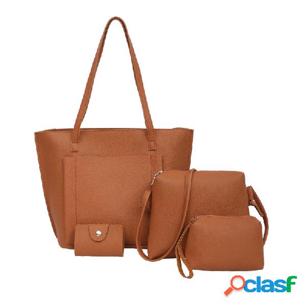 Mulheres PU Leather Handbag Set 4 Pcs Tote sólido Bolsa