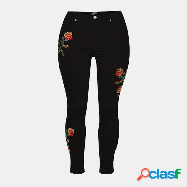 Mulheres Rose Bordado Ripped Pencil Stretch Skinny Jeans