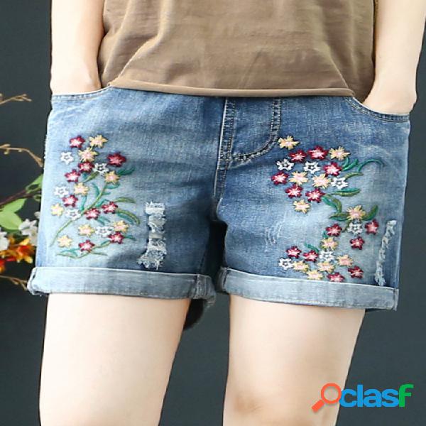 Mulheres floral bordado cordão vintage denim curto