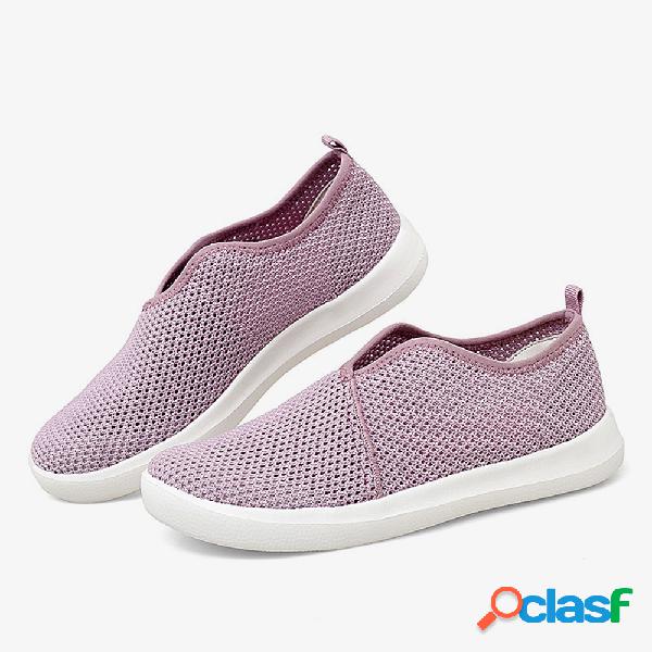 Mulheres malha respirável v forma cor sólida plana sapatos