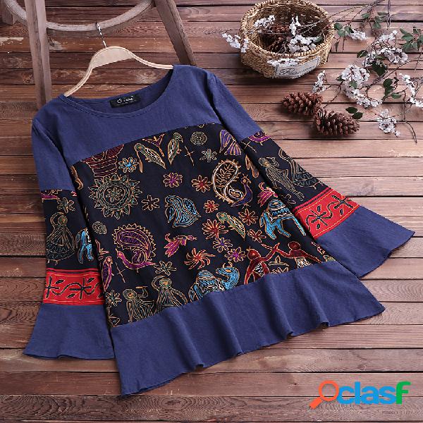 O-NEWE Blusa Vintage Estampada de Costura Manga Longa