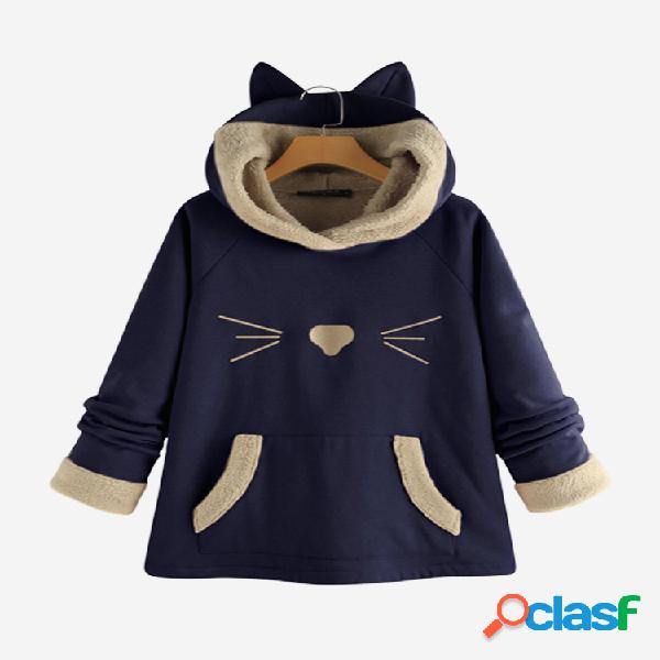 Orelhas de lã com capuz Patchwork Cartoon impressão Hoodie