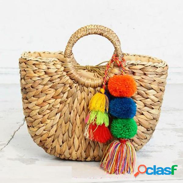 Palha Hairball Tassel Handbag Travel Praia Bolsa para