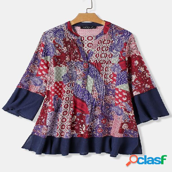 Patchwork Ethnoc Imprimir 3/4 de manga Vintage Blusa Para