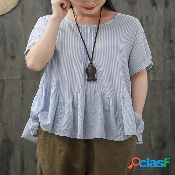 Patchwork Vintage Ruffle Patchwork Loose Plus Blusa Tamanho