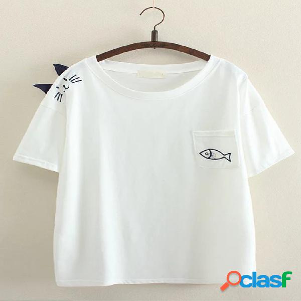 Peixe Gato Casual Imprimir Manga Curta O-pescoço T-shirts
