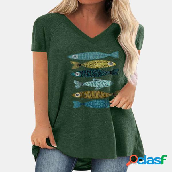 Peixe Imprimir manga curta Casual T-shirt para as Mulheres