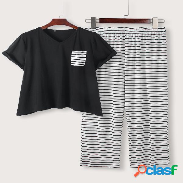 Pijama às riscas Conjunto Loungewear de tamanho respirável