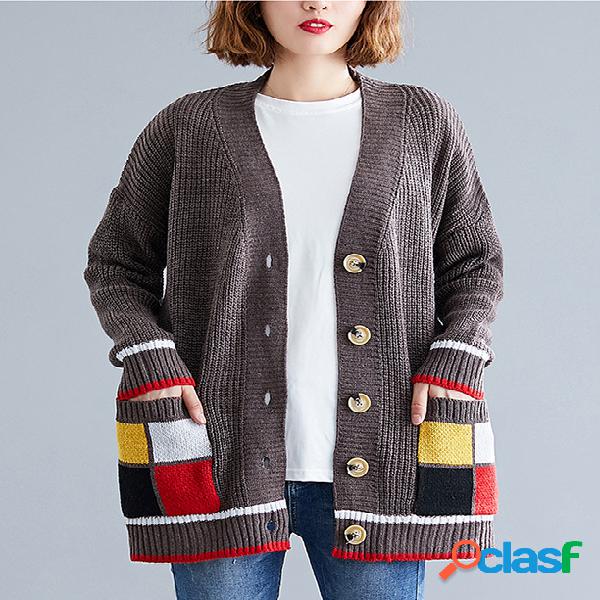 Plus tamanho literário cor costura casaco cardigan camisola