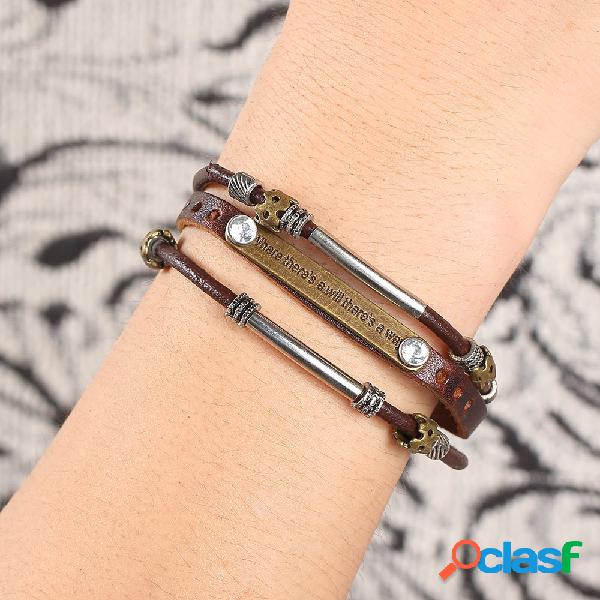 Pulseira de multicamadas de punk do vintage PU couro tecido